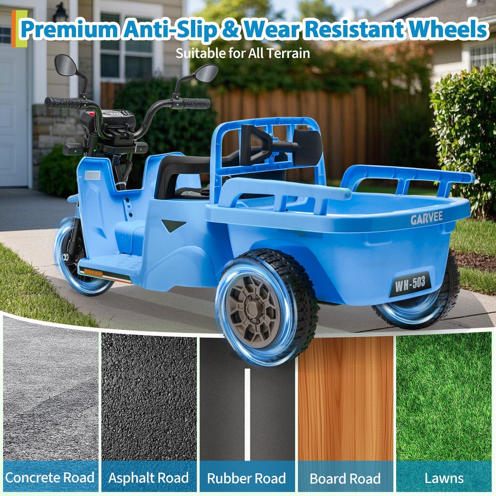 Garvee Ride P Series 3-Wheels Electric Tricycle w/Trailer, 12V Battery Powered Kids Motorcycle with Sand Shovel, 2x55W Motors, Bluetooth, Music, Headlight, Ride on Motorcycle for Kids Toddlers, Gift for Boys Girls, Light Blue