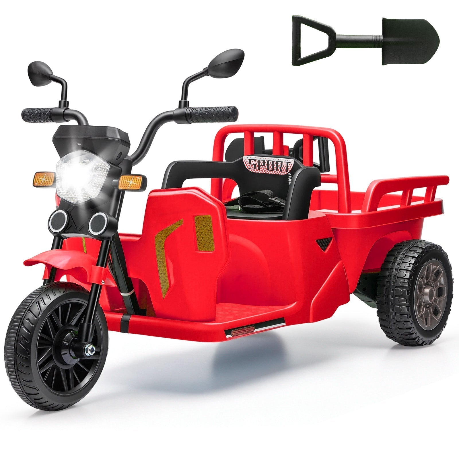 Garvee Ride P Series 3-Wheels Electric Tricycle w/Trailer, 12V Battery Powered Kids Motorcycle with Sand Shovel, 2x55W Motors, Bluetooth, Music, Headlight, Ride on Motorcycle for Kids Toddlers, Gift for Boys Girls, Red