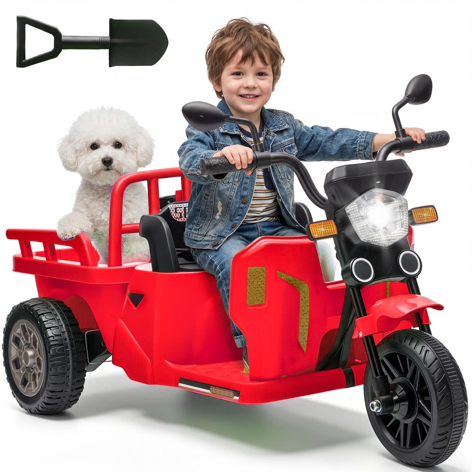 Garvee Ride P Series 3-Wheels Electric Tricycle w/Trailer, 12V Battery Powered Kids Motorcycle with Sand Shovel, 2x55W Motors, Bluetooth, Music, Headlight, Ride on Motorcycle for Kids Toddlers, Gift for Boys Girls, Red
