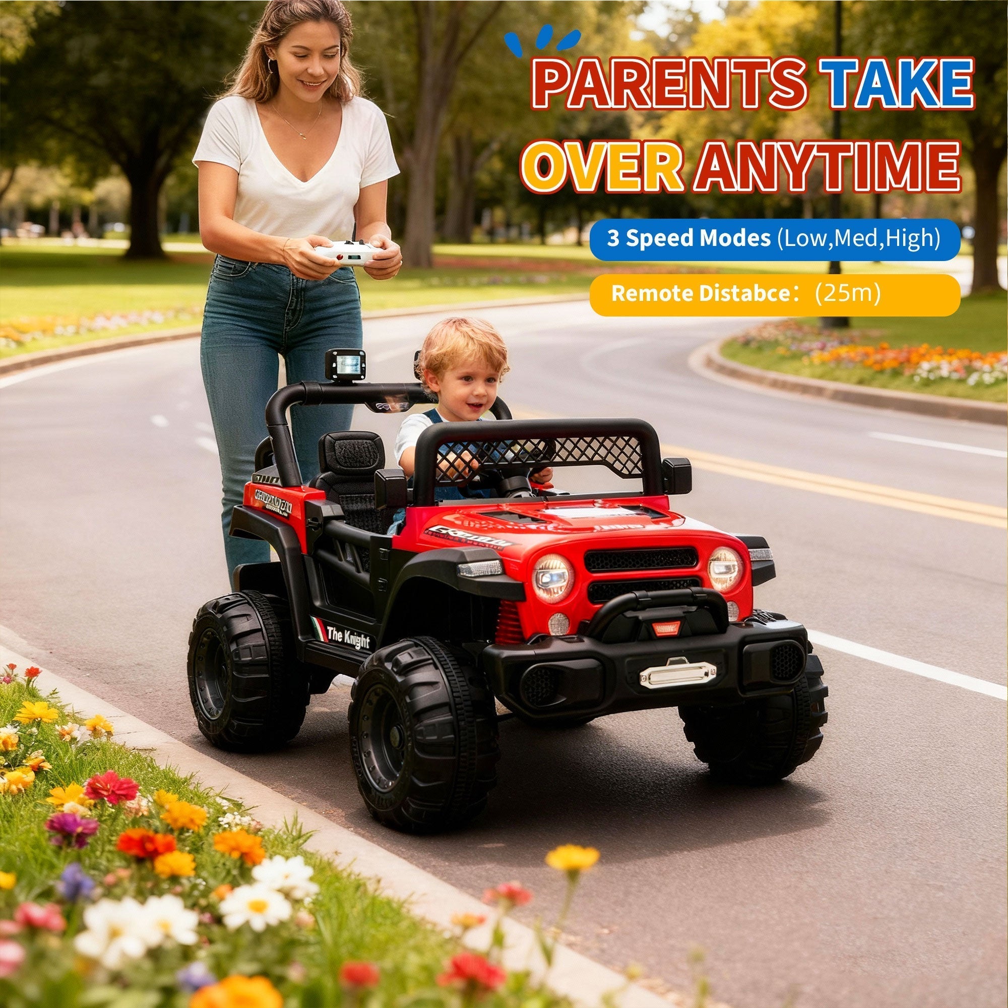 Garvee 12V Kids Electric Ride-On Truck – Dual Motors, 3 Speeds, Remote Control, Spring Suspension, LED Lights, Music, Safety Belt, Off-Road Car, Storage – Battery Powered Toy Vehicle for Boys & Girls Ages 2-8, Red