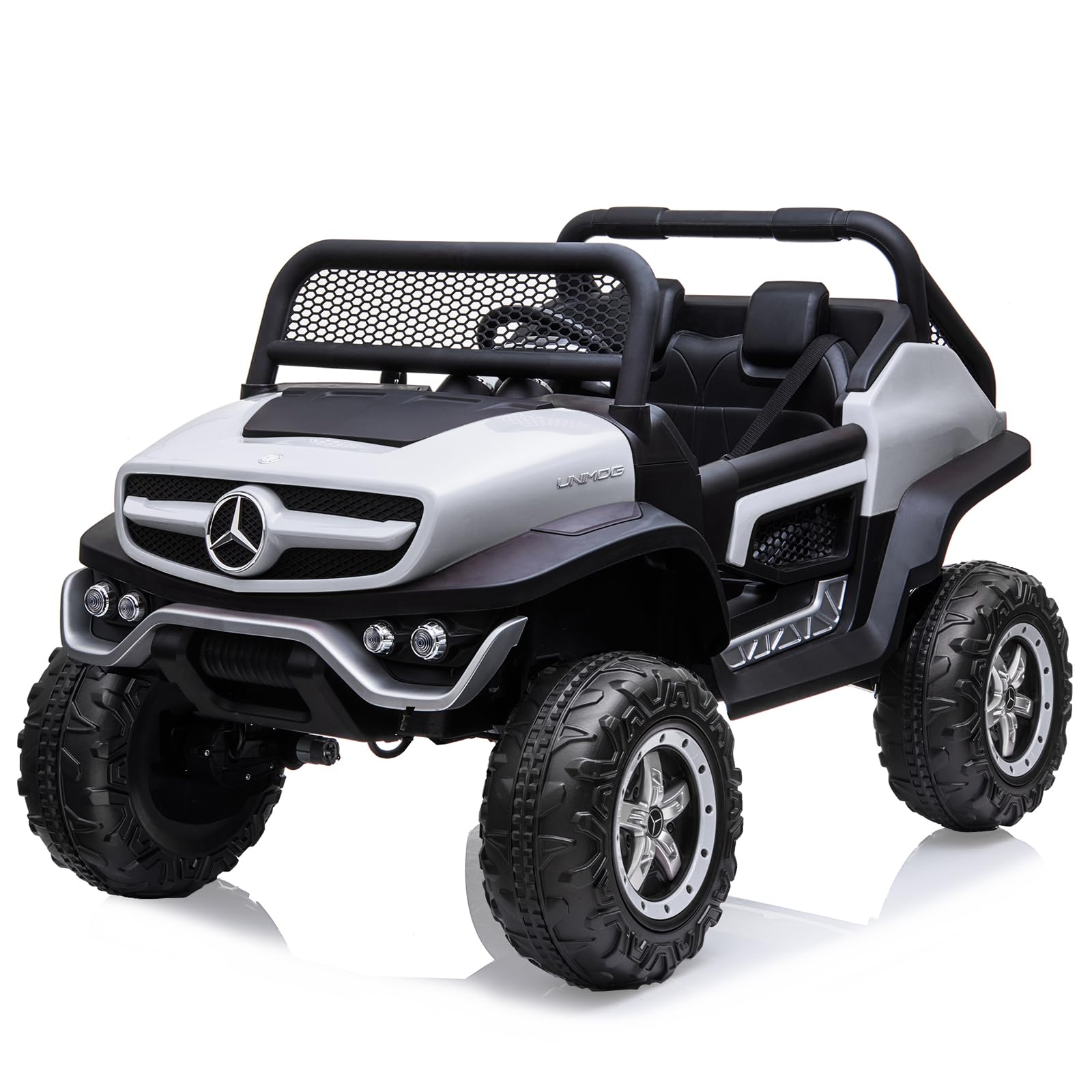 Garvee Ride - P Series: 2 Seater Kids Ride On Truck 24V Ride On Toy Licensed Mercedes Benz Battery Powered Electric Vehicle for Toddles With Remote Control, Battery Display, Trunk, Spring Suspension, LED Lights, Music, White