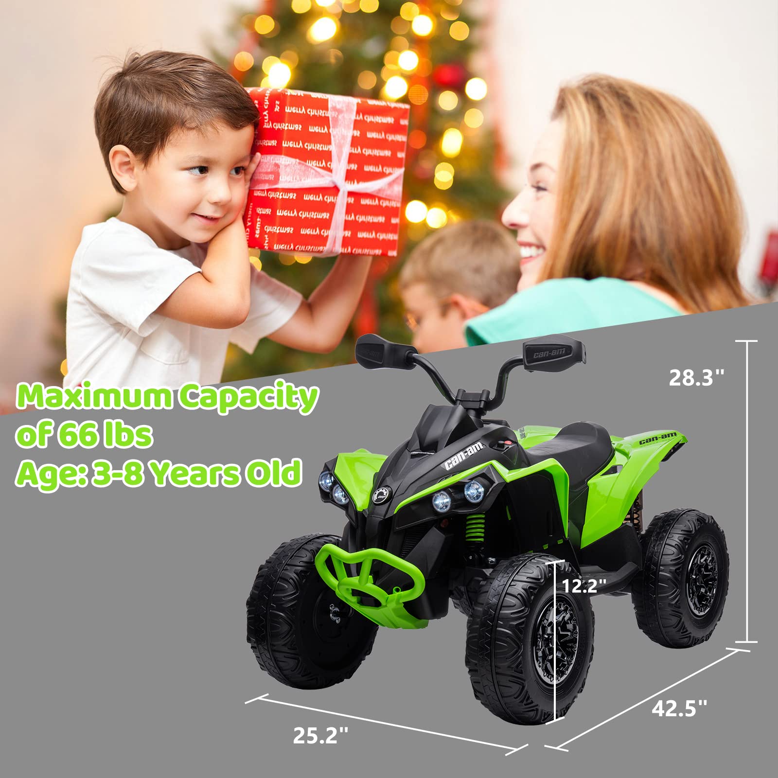 Garvee Ride - P Series: 12V Ride on Toy Car Bombardier Licensed BRP Can-am 4 Wheeler Quad Electric Vehicle, w/LED Lights, Spring Suspension, Bluetooth, Music, USB, Treaded Tires, White - Green