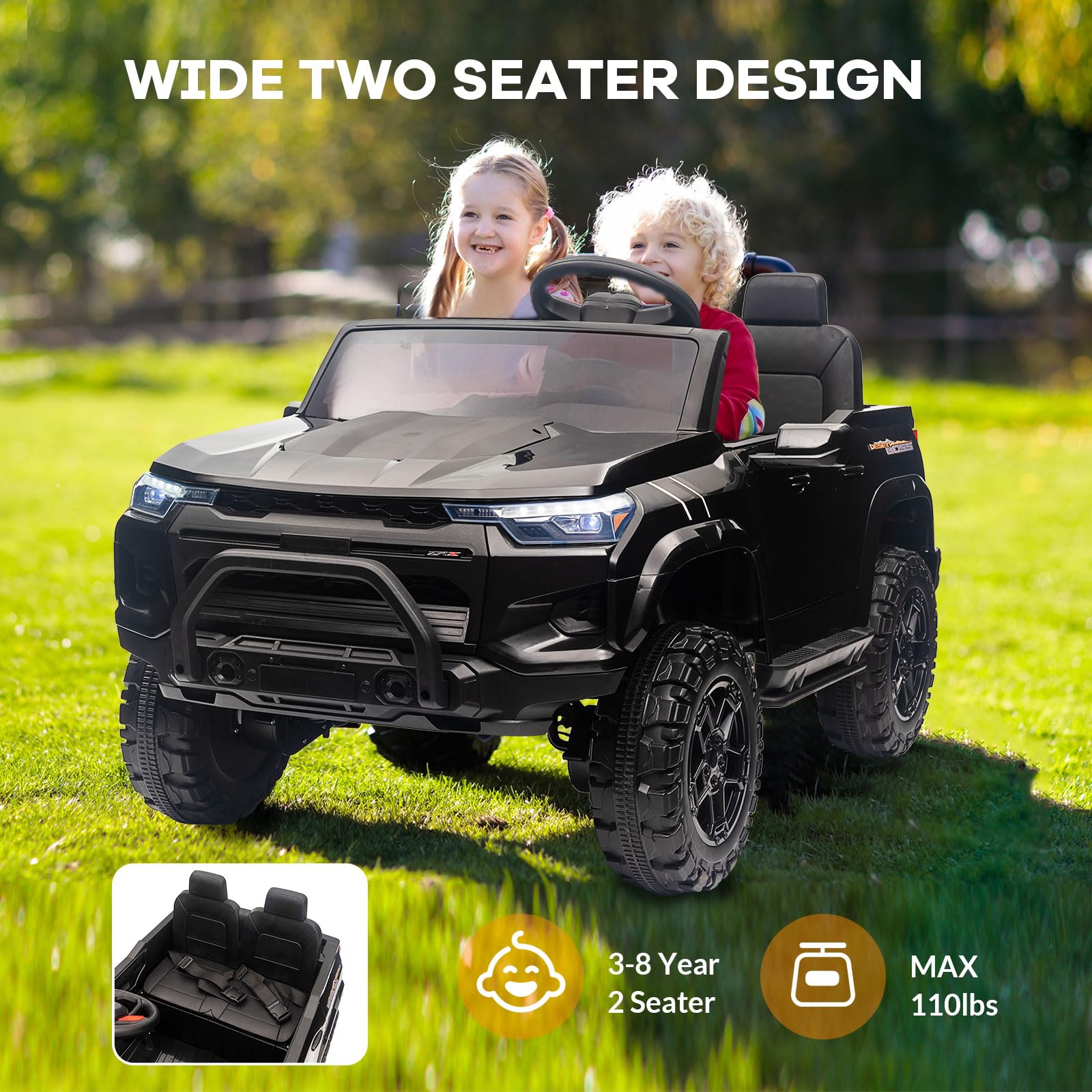Garvee Ride - P Series: 2 Seater Truck Car Toys, Ride on Car Electric Vehicles w/Remote Control, 24V Battery, Dual Drive, LED Lights, Bluetooth, MP3, Battery Powered Electric Cars for Kids, Black