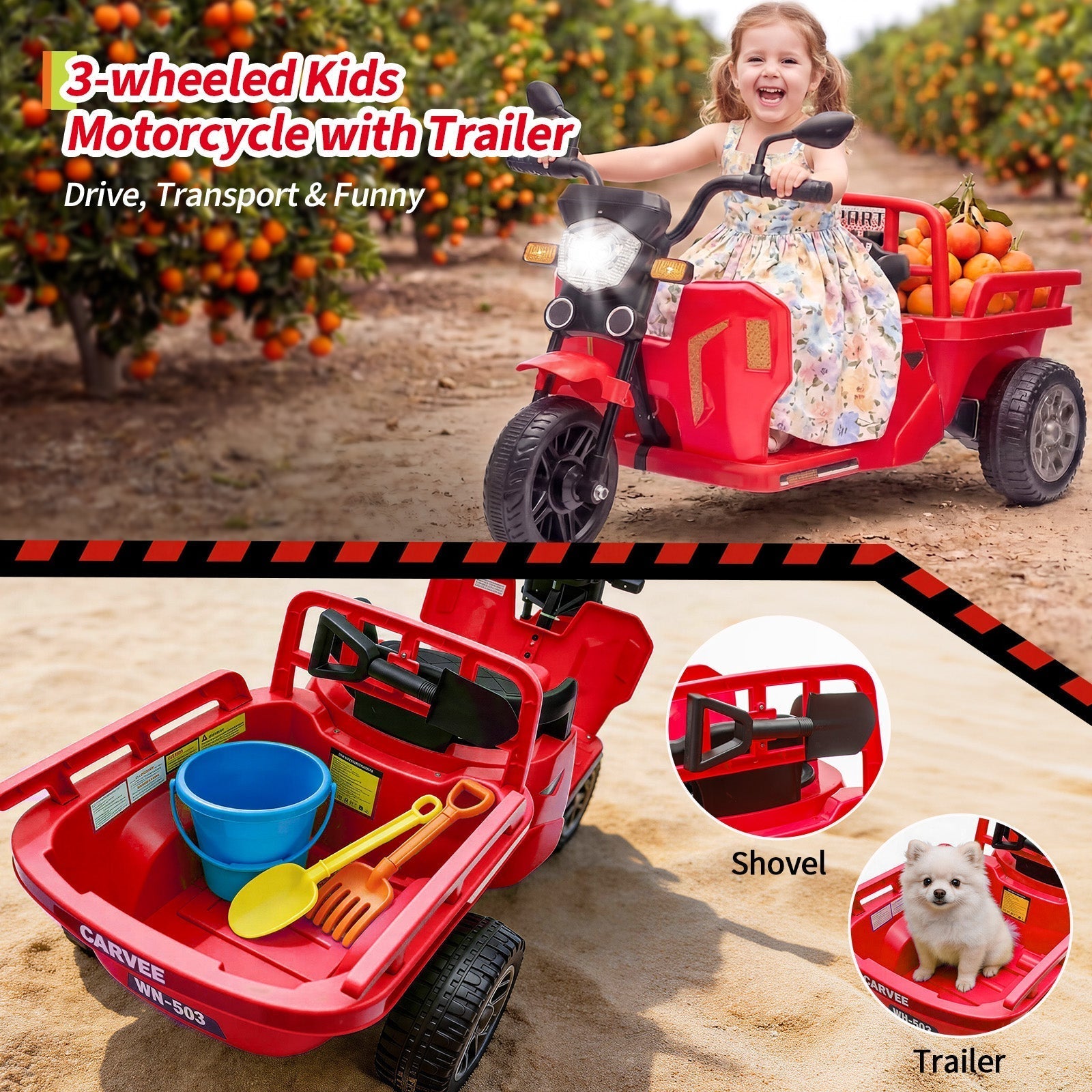 Garvee Ride P Series 3-Wheels Electric Tricycle w/Trailer, 12V Battery Powered Kids Motorcycle with Sand Shovel, 2x55W Motors, Bluetooth, Music, Headlight, Ride on Motorcycle for Kids Toddlers, Gift for Boys Girls, Red