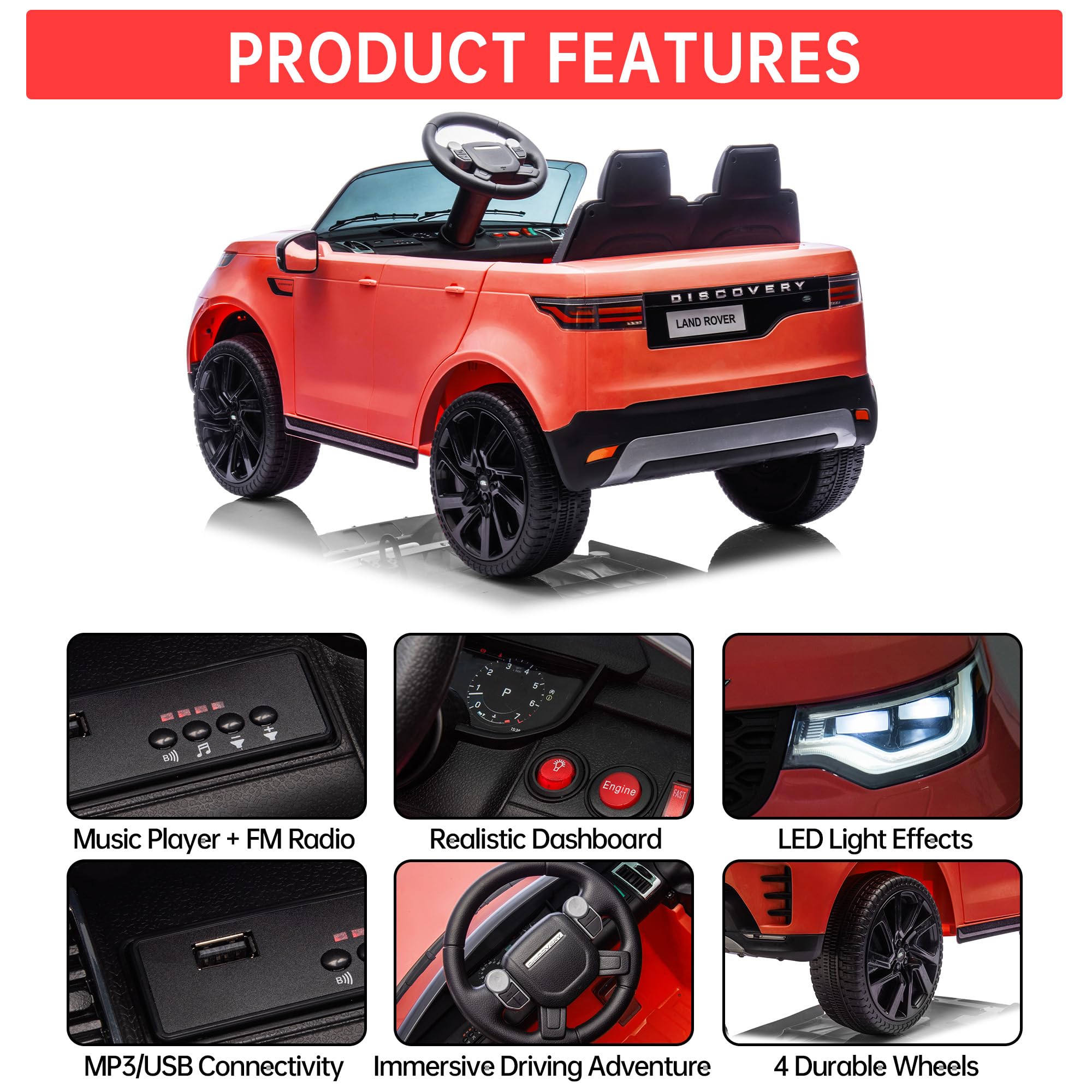 Garvee Ride P Series 12V Kids Ride On Car Land Rover Style Dual Motors 3 Speed Modes 4.5Ah Battery Safety Seatbelt Remote Control Black Outdoor Play - Red