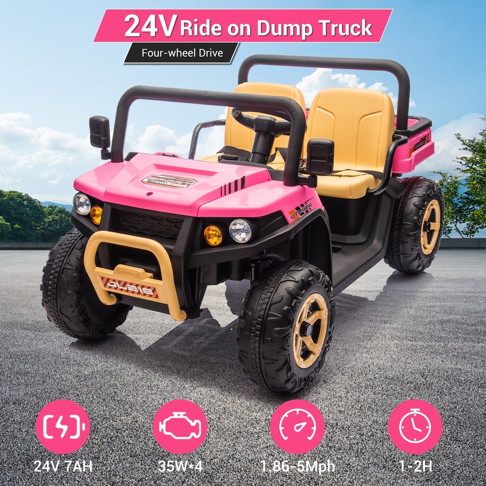 Garvee Ride - P Series: 24v Ride On Dump Truck, 2 Seater Electric Ride On Car Toy for Kids, Battery Powered UTV with 4x35W Motors, Shovel, Bluetooth, Remote Control, Music, LED Lights for Boys & Girls, Pink