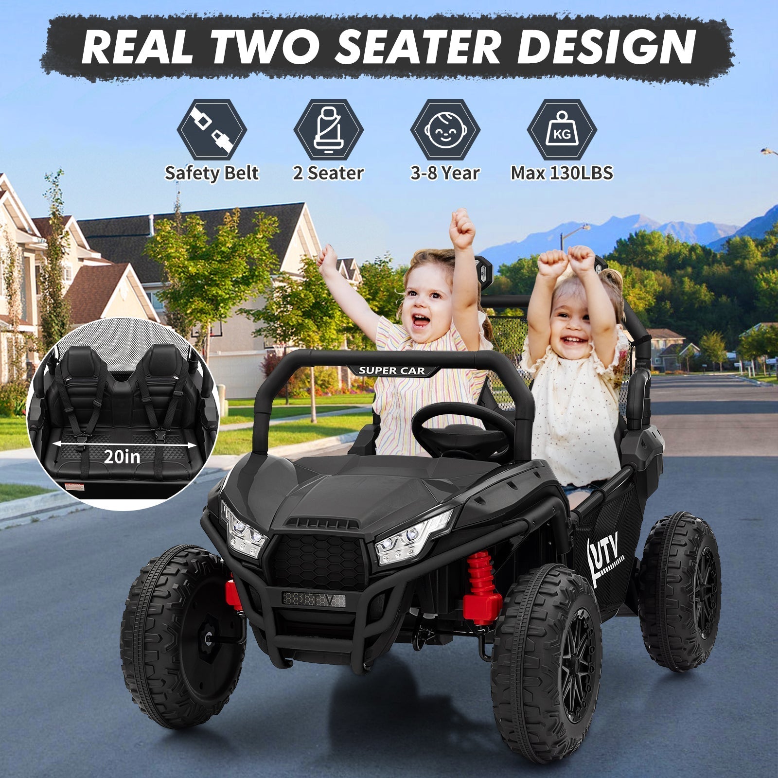 Garvee Ride - P Series: 2 Seater 24V Ride On Car,Electric Vehicle Utv Car for Kids,400W Motors Electric Truck With Remote,4.5MPH Max Speed,Four-Wheel Suspension,Music,Best Gift for Kids,Black