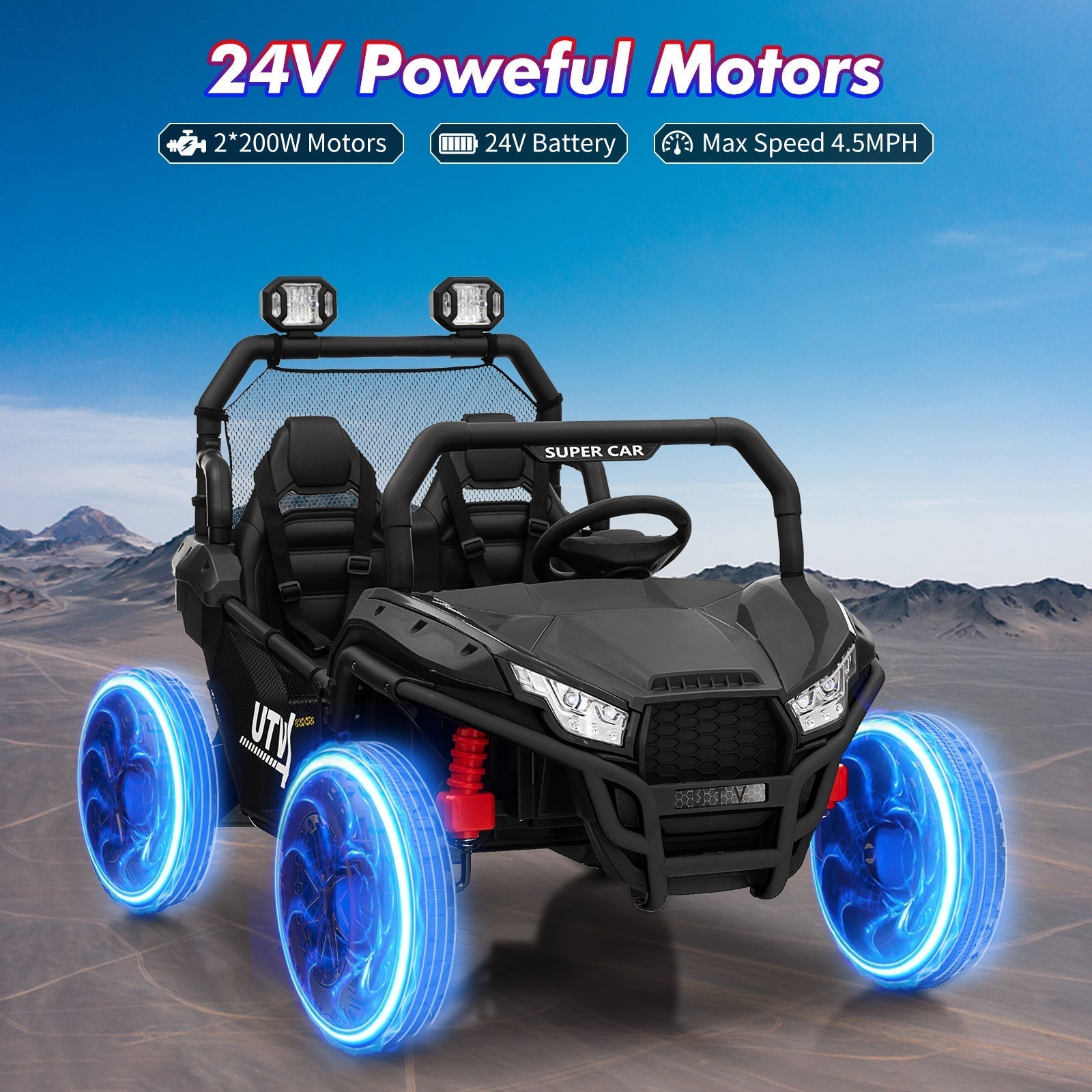 Garvee Ride - P Series: 2 Seater 24V Ride On Car,Electric Vehicle Utv Car for Kids,400W Motors Electric Truck With Remote,4.5MPH Max Speed,Four-Wheel Suspension,Music,Best Gift for Kids,Black