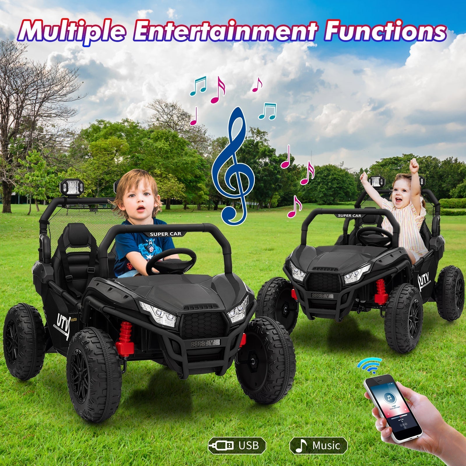 Garvee Ride - P Series: 2 Seater 24V Ride On Car,Electric Vehicle Utv Car for Kids,400W Motors Electric Truck With Remote,4.5MPH Max Speed,Four-Wheel Suspension,Music,Best Gift for Kids,Black