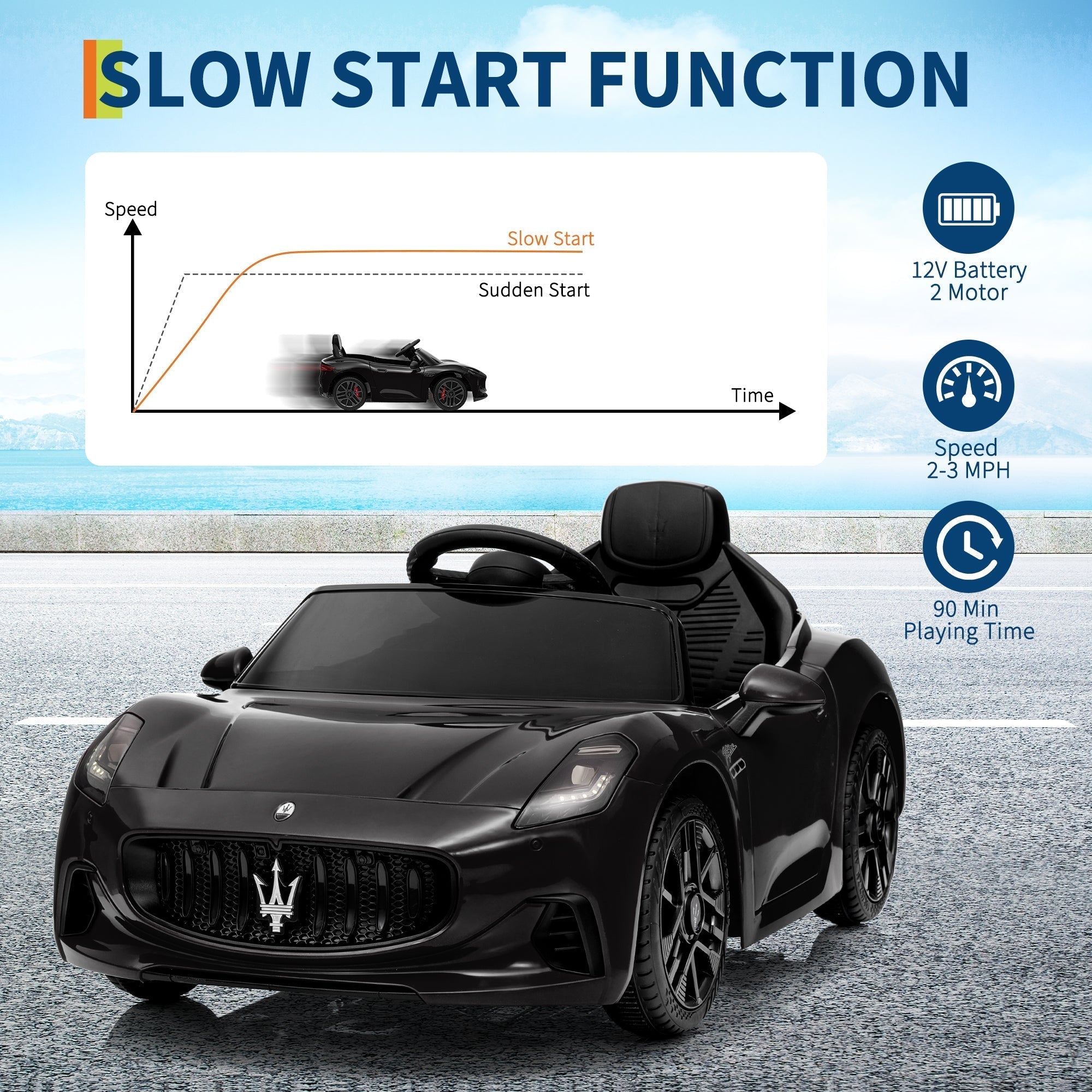 Garvee Ride - P Series: 12V Battery Powered Motorized Car for Kids with Remote Control, Spring Suspension, Double Doors, Bright Lights, 4 Wheel Electric Vehicle, Black