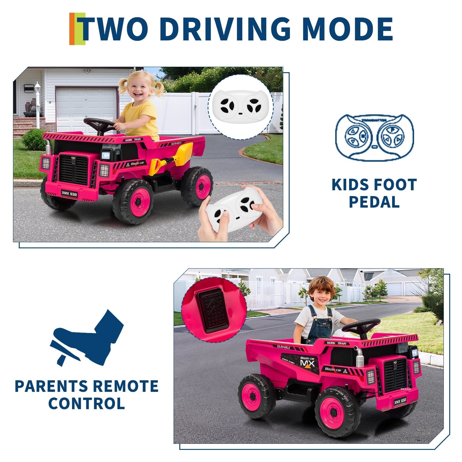 Garvee Ride - P Series: 12V Kids Ride On Dump Truck Electric Car Toy with Remote Control, Auto Dump Bed & Shovel, Durable Plastic, LED Lights & Music, Rose Red, Outdoor Play for Toddlers