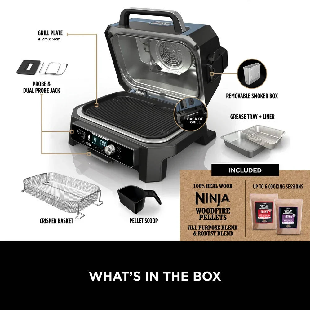 Ninja OG901UK Woodfire Pro Connect XL Electric BBQ Grill & Smoker with Cover and Woodfire Pellets OG901UKCOVKIT