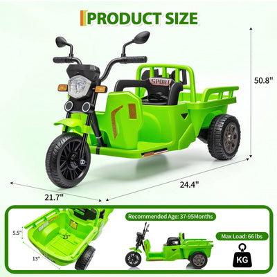 Garvee Ride P Series 3-Wheels Electric Tricycle w/Trailer, 12V Battery Powered Kids Motorcycle with Sand Shovel, 2x55W Motors, Bluetooth, Music, Headlight, Ride on Motorcycle for Kids Toddlers, Gift for Boys Girls, Green