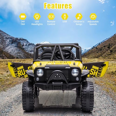 Garvee Ride - P Series: 2-Seater Ride On Truck for Kid, 24V Battery Powered Kids Car with Remote Control, 19" Extra Wide Seat, 2 Motors, Led Light, Enhanced Suspension - Yellow