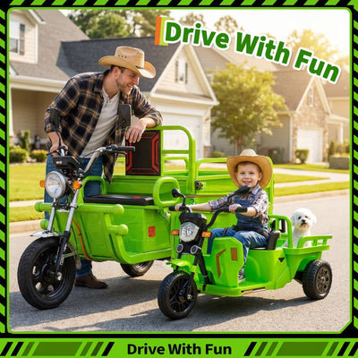 Garvee Ride P Series 3-Wheels Electric Tricycle w/Trailer, 12V Battery Powered Kids Motorcycle with Sand Shovel, 2x55W Motors, Bluetooth, Music, Headlight, Ride on Motorcycle for Kids Toddlers, Gift for Boys Girls, Green