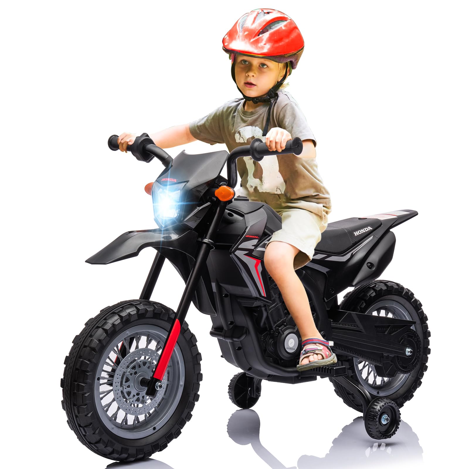 Garvee Ride - P Series: Kids Electric Ride on Motorcycle, Licensed Honda Battery Powered Motorbike Toy, with Training Wheels, Rechargeable Battery, Headlight, Engine Sounds, for Children Girls Boys - Black