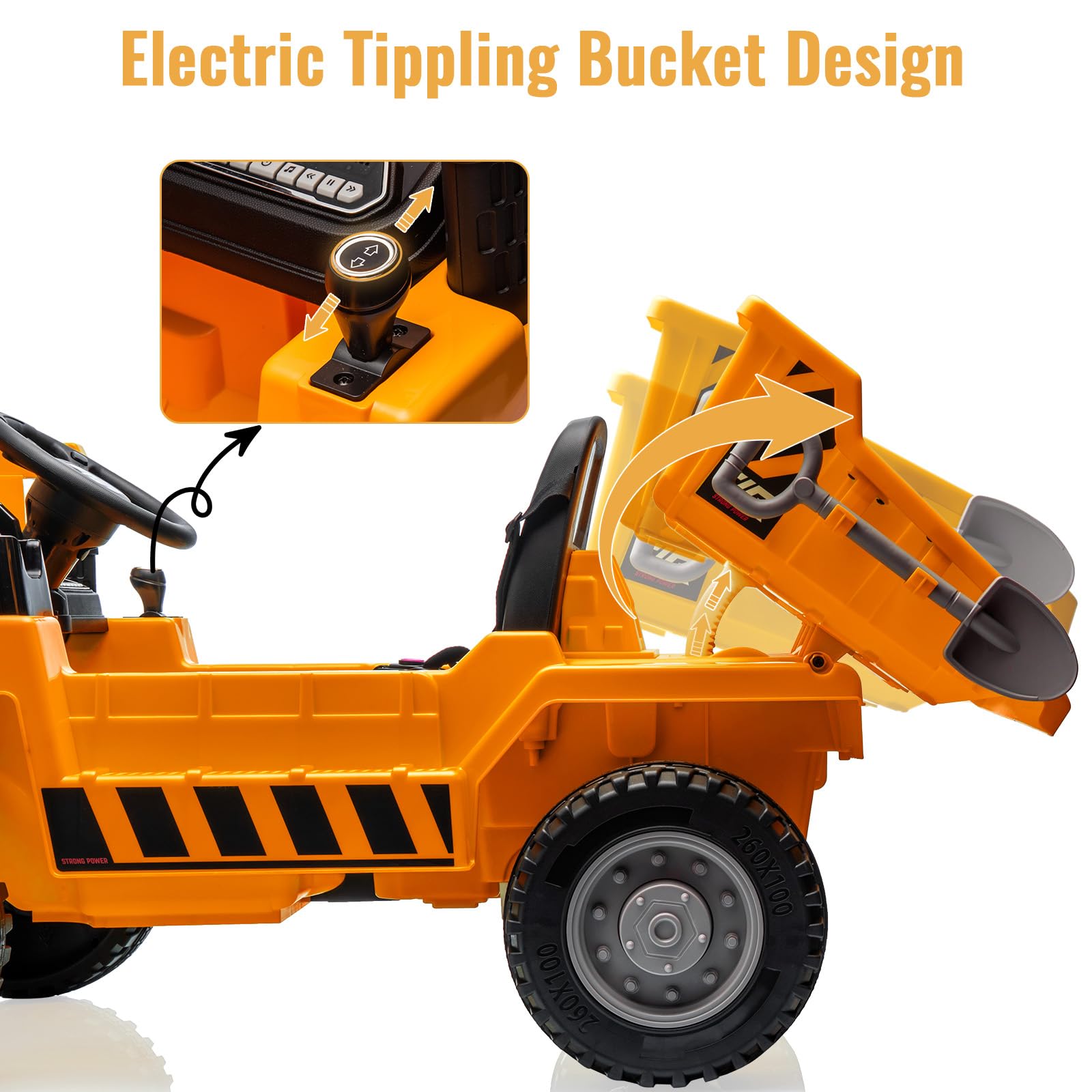 Garvee Ride - P Series: 4WD Ride On Car with Dump Truck, Electric Car for Kids with Remote Control, Toddler Car with Electric Dump Bed & Shovel, 2 Speeds,