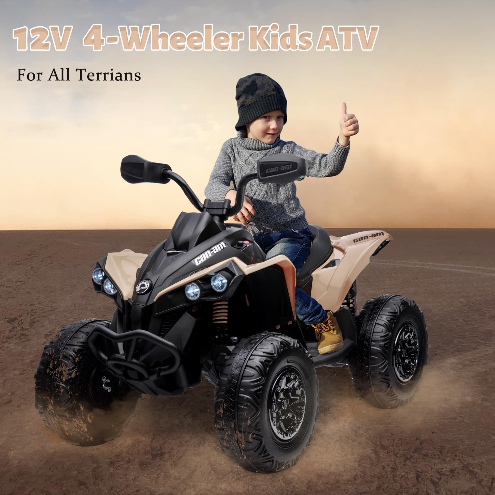 Garvee Ride - P Series: 12V Ride on Toy Car Bombardier Licensed BRP Can-am 4 Wheeler Quad Electric Vehicle, w/LED Lights, Spring Suspension, Bluetooth, Music, USB, Treaded Tires, White - Khaki