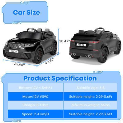 Garvee Ride - P Series: 3-8, 12V Licensed Land Rover Ride Electric Car for Kids with Parent Remote Control, MP3 Player, Rocking, Pull Rod - Black