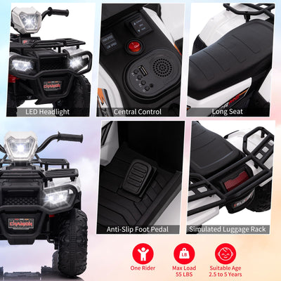 Garvee Ride - P Series: 12V Ride on Quad ATV for Kids, Electric Vehicle for Toddlers, High/Low 2.2mph Safety Speed for Child, Forward/Backward,LED Light, Music,USB for Boys Girls Gift-White