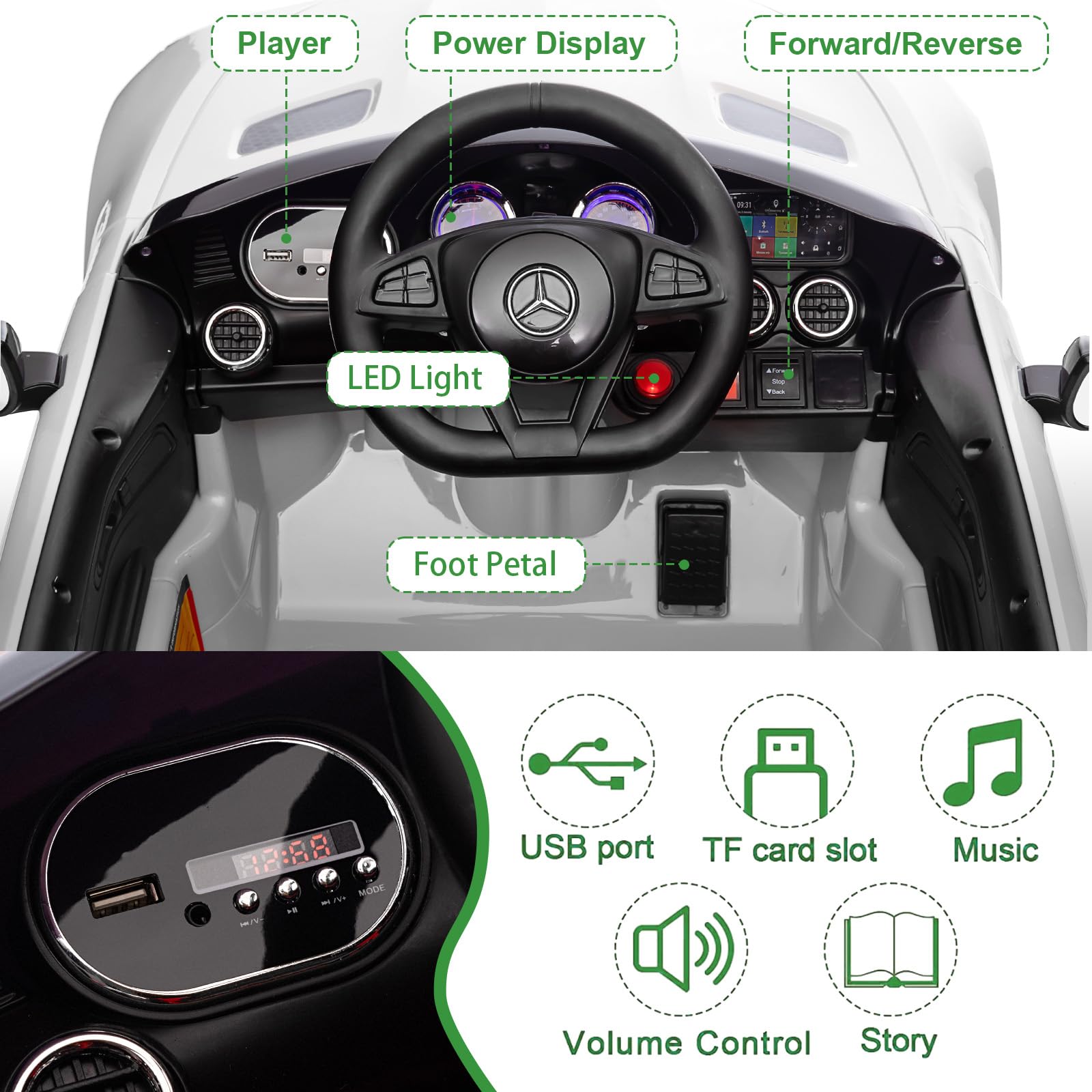 Garvee Ride Car for Kids, 12V Power Battery Electric Vehicles for 3-7 Toddlers, Licensed Mercedes-Benz with Remote Control, MP3 Player - White