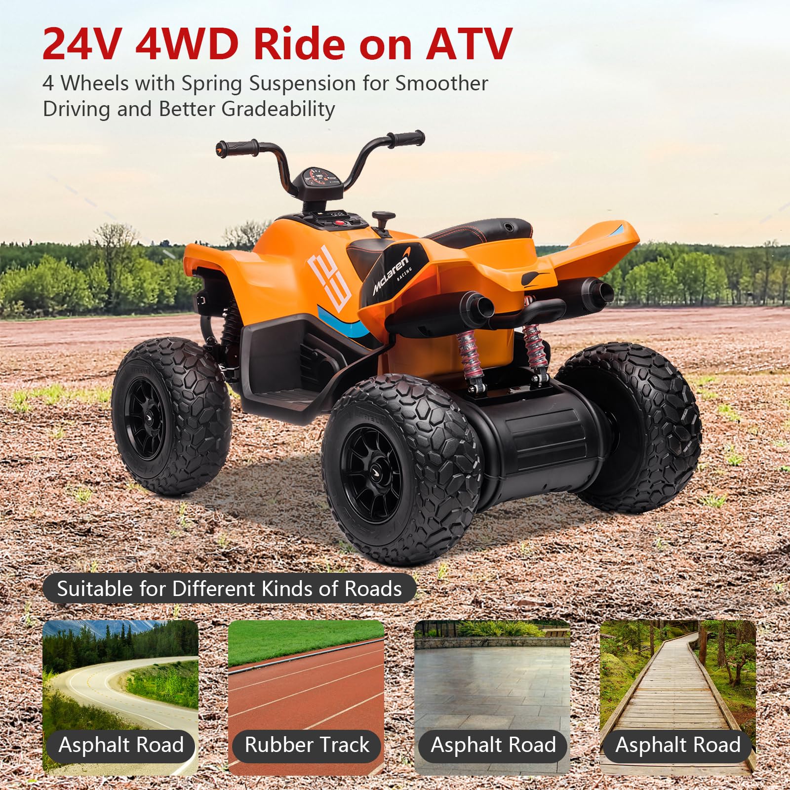 Garvee Ride - P Series: 24V Battery Powered Kids Electric Vehicle, 4 Wheeler Quad w/Headlights,MP3,USB,Volume Control, Large Seat, Electric Ride on Toys Best Gifts for 18-36 Months Boys and Girls (Orange)