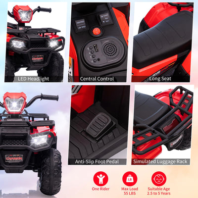 Garvee Ride - P Series: 12V Ride on Quad ATV for Kids, Electric Vehicle for Toddlers, High/Low 2.2mph Safety Speed for Child, Forward/Backward,LED Light, Music,USB for Boys Girls Gift- Red
