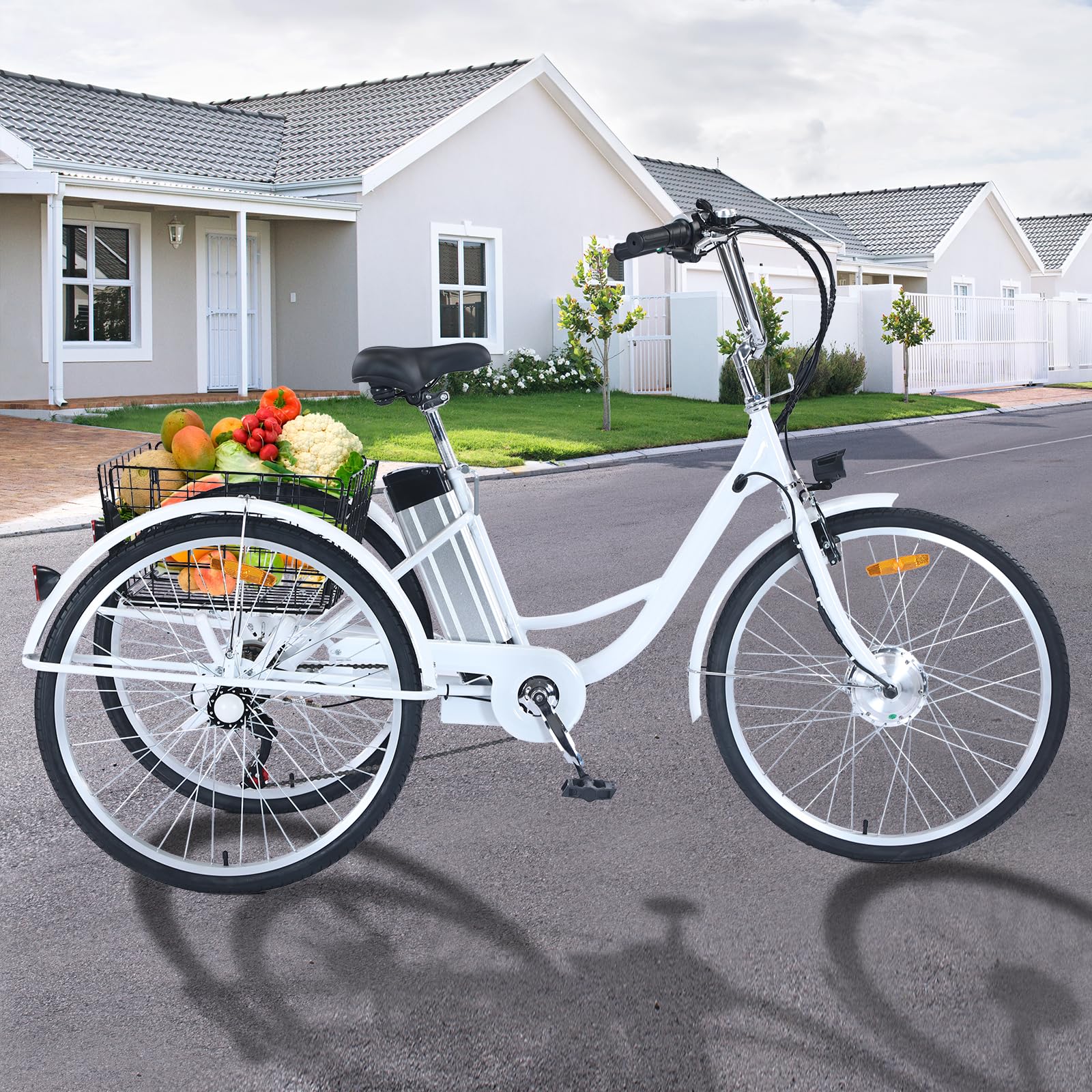 Garvee Adult Tricycle 7-Speed 26-Inch 3-Wheel Bike with Basket 250W Motor 36V Battery LED Headlight for Women Seniors Men