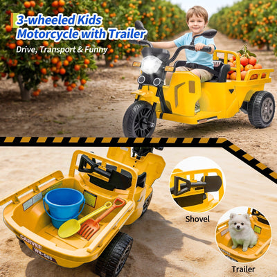 Garvee Ride P Series 3-Wheels Electric Tricycle w/Trailer, 12V Battery Powered Kids Motorcycle with Sand Shovel, 2x55W Motors, Bluetooth, Music, Headlight, Ride on Motorcycle for Kids Toddlers, Gift for Boys Girls, Yellow