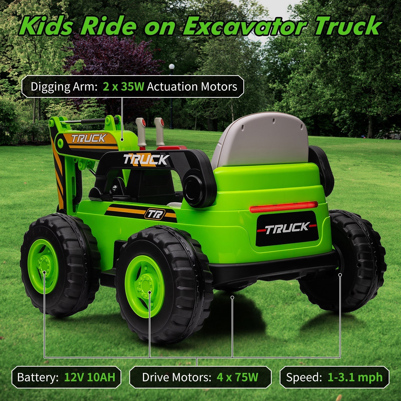Garvee Ride - P Series: 12V Kids Ride On Excavator Digger Car with Remote Control & Electric Digging Arm with 2x35W Motors, 10Ah Large Battery, 4x75W Driving Motors,Led Tail Light, Music, USB, Ride Toy , Green