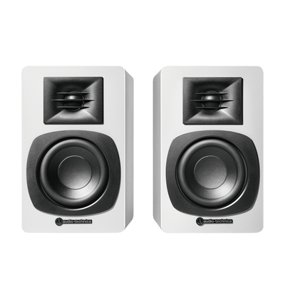 Audio Technica AT-SP3X Powered Bluetooth Bookshelf Speakers White with AT-ST3 Stands Pair