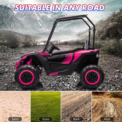 Garvee Ride - P Series: 24V Ride On Utv for Kids, 2 Seater Electric Truck With Sun Shade,4WD Electric Car Toy With Remote Control, Led Lights, 4 Shock Absorbersm,One Click Start, Music Player - Rose