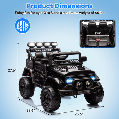 Garvee Ride - P Series: 12VElectric Ride on Truck Car For Kids Age 3+, Remote Control, Twin 25W Motors 3.1MPH Max Speed, Bluetooth USB Music Player, 4 Wheels Suspension LED Lights Safety Belt, Gift for Boy & Girl -Black