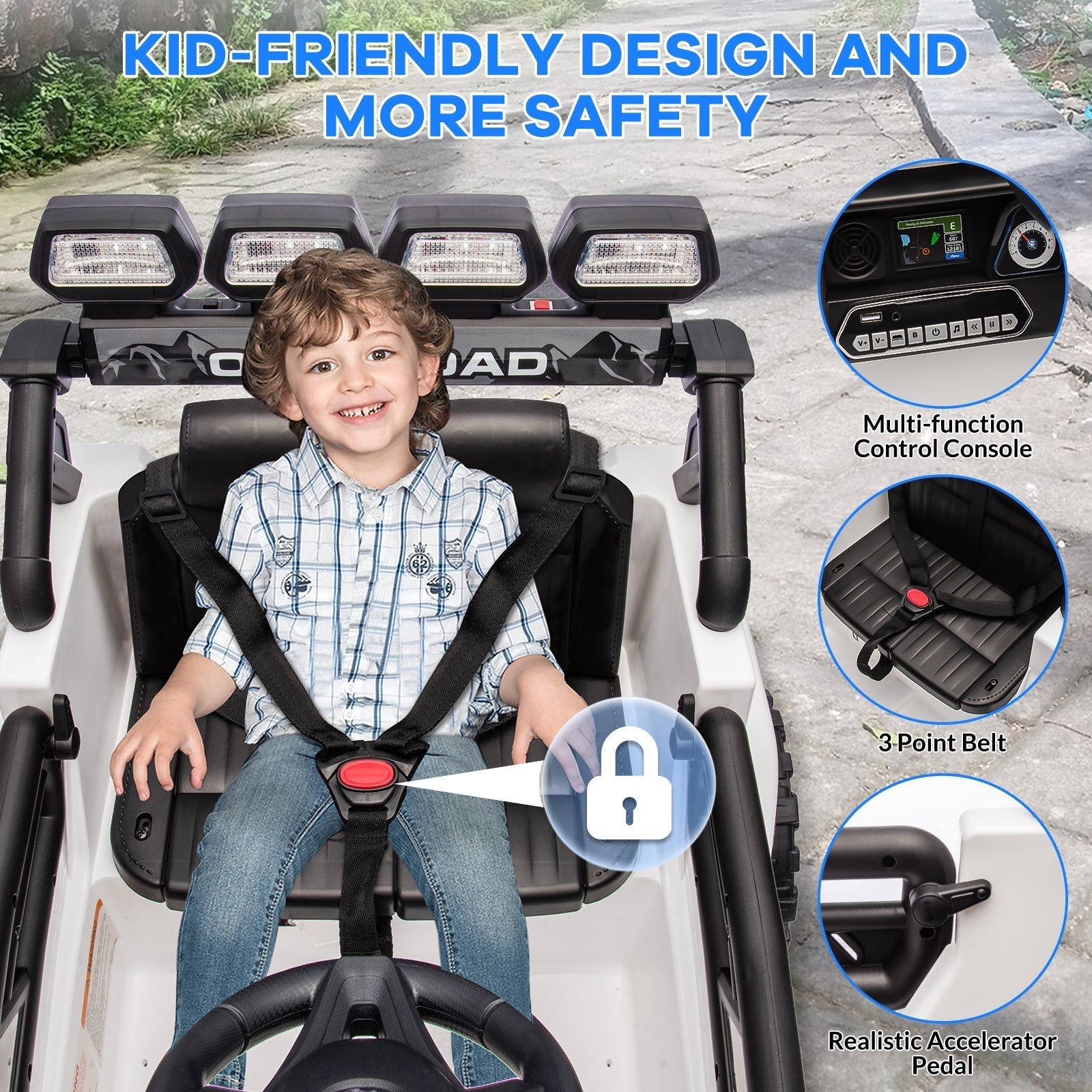Garvee Ride - P Series: 12VElectric Ride on Truck Car For Kids Age 3+, Remote Control, Twin 25W Motors 3.1MPH Max Speed, Bluetooth USB Music Player, 4 Wheels Suspension LED Lights Safety Belt, Gift for Boy & Girl - White