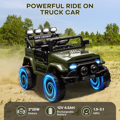 Garvee Ride - P Series: 12V Electric Ride on Truck Car For Kids Age 3+, Remote Control, Twin 25W Motors 3.1MPH Max Speed, Bluetooth USB Music Player, 4 Wheels Suspension LED Lights Safety Belt, Gift for Boy & Girl - Green