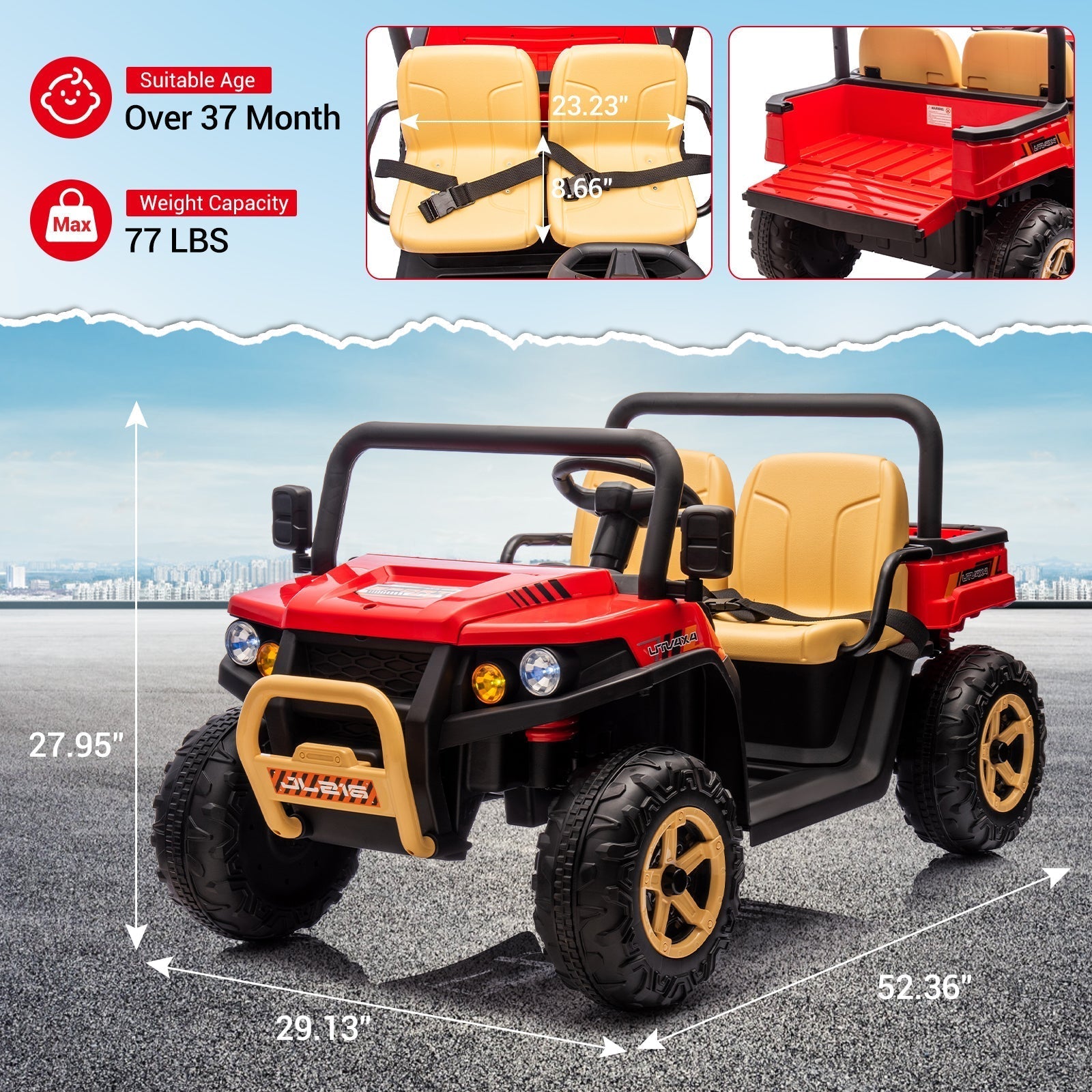 Garvee Ride - P Series: 24v Ride On Dump Truck, 2 Seater Electric Ride On Car Toy for Kids, Battery Powered UTV with 4x35W Motors, Shovel, Bluetooth, Remote Control, Music, LED Lights for Boys & Girls - Red