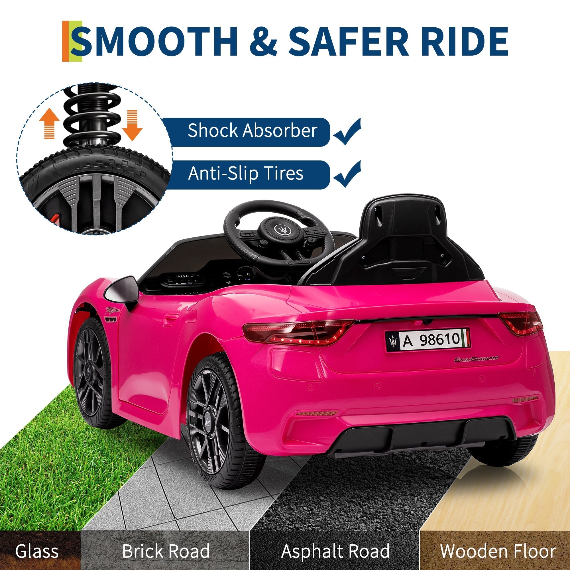 Garvee Ride - P Series: 12V Battery Powered Motorized Car for Kids with Remote Control, Spring Suspension, Double Doors, Bright Lights, 4 Wheel Electric Vehicle, Pink