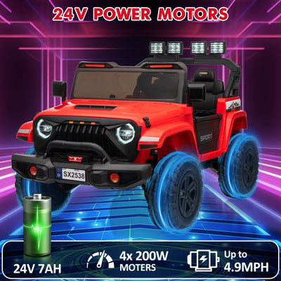 Garvee Ride - P Series: 24V Ride On Car, 4WD 2 Seater Kids' Electric Vehicle Truck with Remote Control, Adjustable Footwell Ride On Truck, 3 Speeds, Led Lights, Bluetooth, Red
